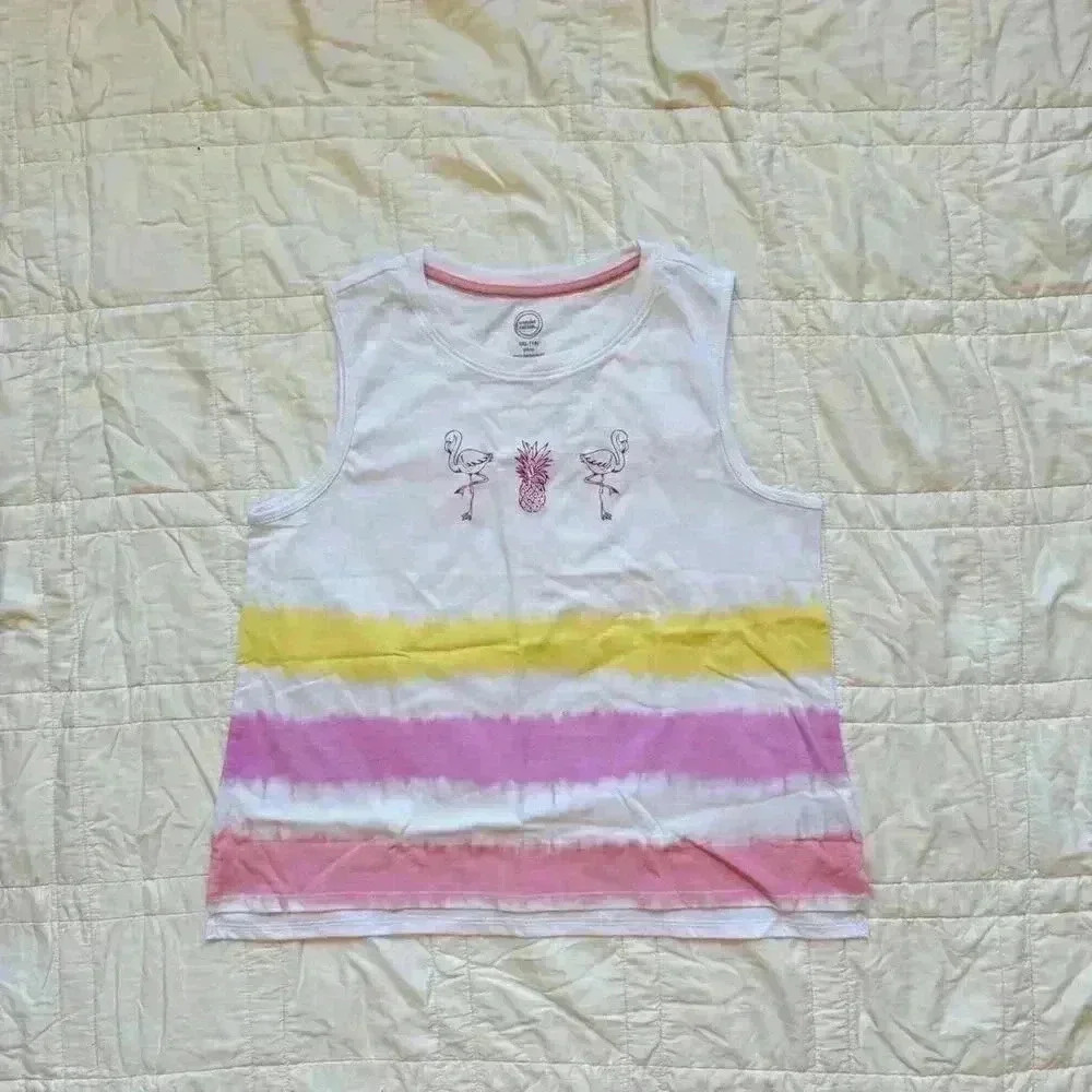 White beachy striped graphic tank top Flowy, flamingo, pineapple girls size 18‎